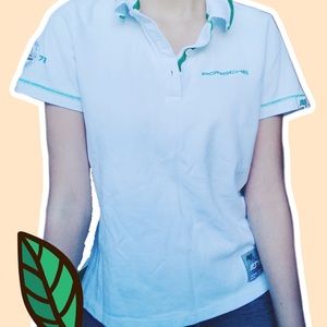 vintage green and white porsche polo shirt size: M